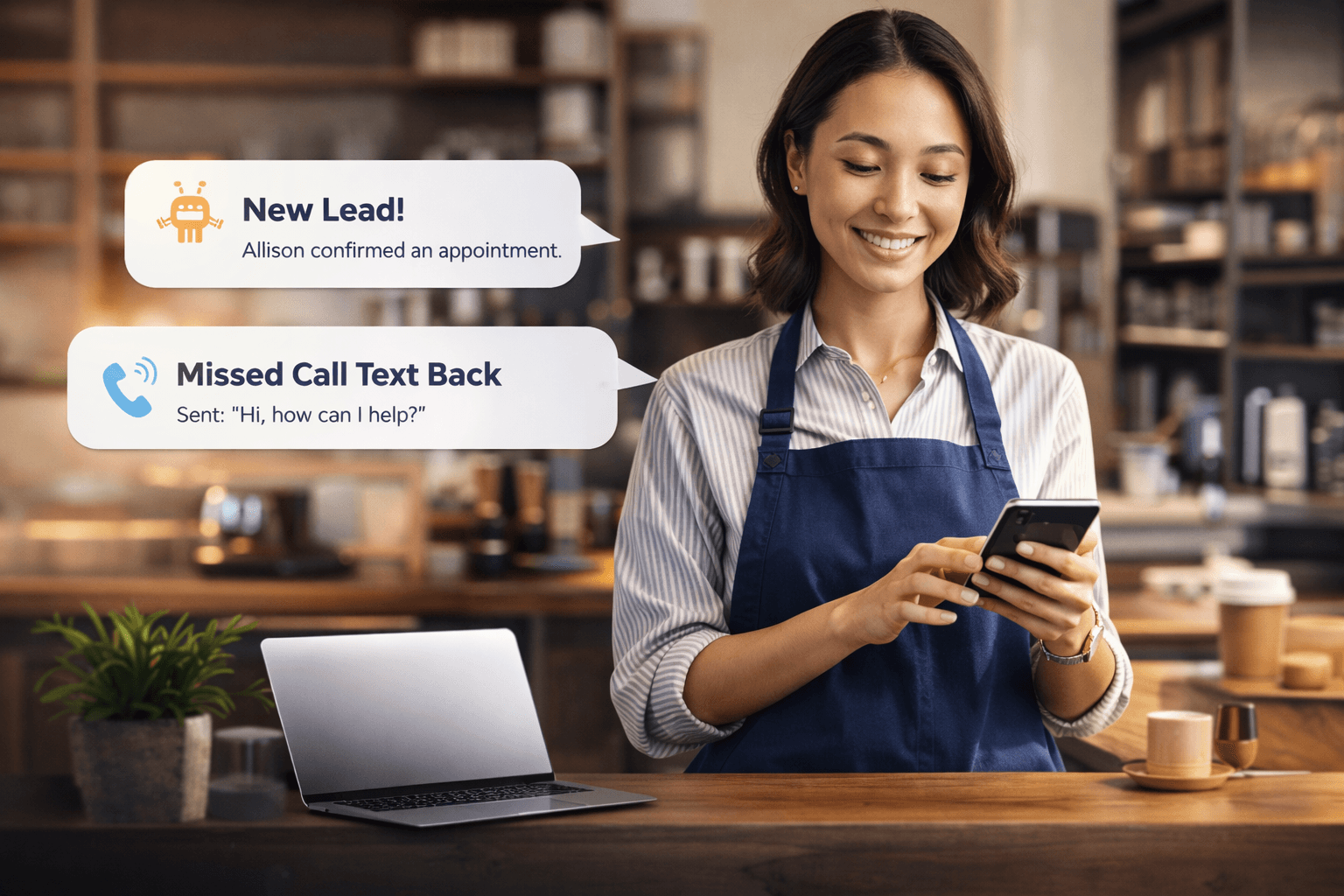 Business owner receiving new lead and missed call text back notifications.